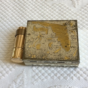 Vintage Seltene 1940er Jahre Florida Souvenir Kompakter Geldhalter Spiegel und Lippenstift Tube Halter. Toll für eine Pillendose. Riegelt Gut.
