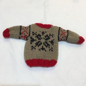 Vintage Wool Sweater for Small Teddy Bear or Doll. Tan and Black w/ Red Trim.