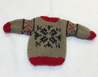 Vintage Wool Sweater for Small Teddy Bear or Doll. Tan and Black w/ Red Trim.