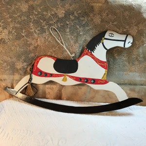 Vintage Handmade Primitive Rocking Horse Wall Hanging. Masonite Rocking Horse, Binder Twine Tail, Ribbons and Paint.