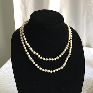 Vintage Pearl Necklace. 39&quot; Strand of 6mm Knotted Faux Pearls Necklace. Hook Slide Closure. Great for Anytime Wear or for Costuming.