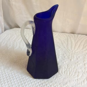 Vintage Cobalt Blue Art Vase with Clear Blown Glass Handle. Dull Glass Wonderful Art Glass Vase Pitcher. Great for Use or Display.