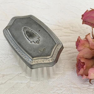 Vintage Pewter Brush. Web Pewter Baby Hair Brush. Soft White Bristles on a Silver Pewter Monogramable Top. Dresser Accent or Use for Baby.