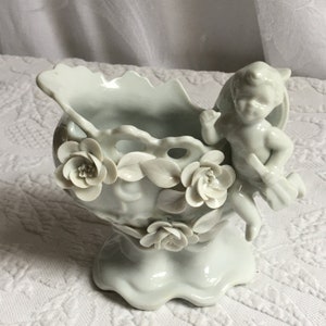 Vintage Porcelain Flower Pot Figurine with Child, Musical Instrument and Flowers and Leaves. Charming Figurine Pot for Plant or Flowers.