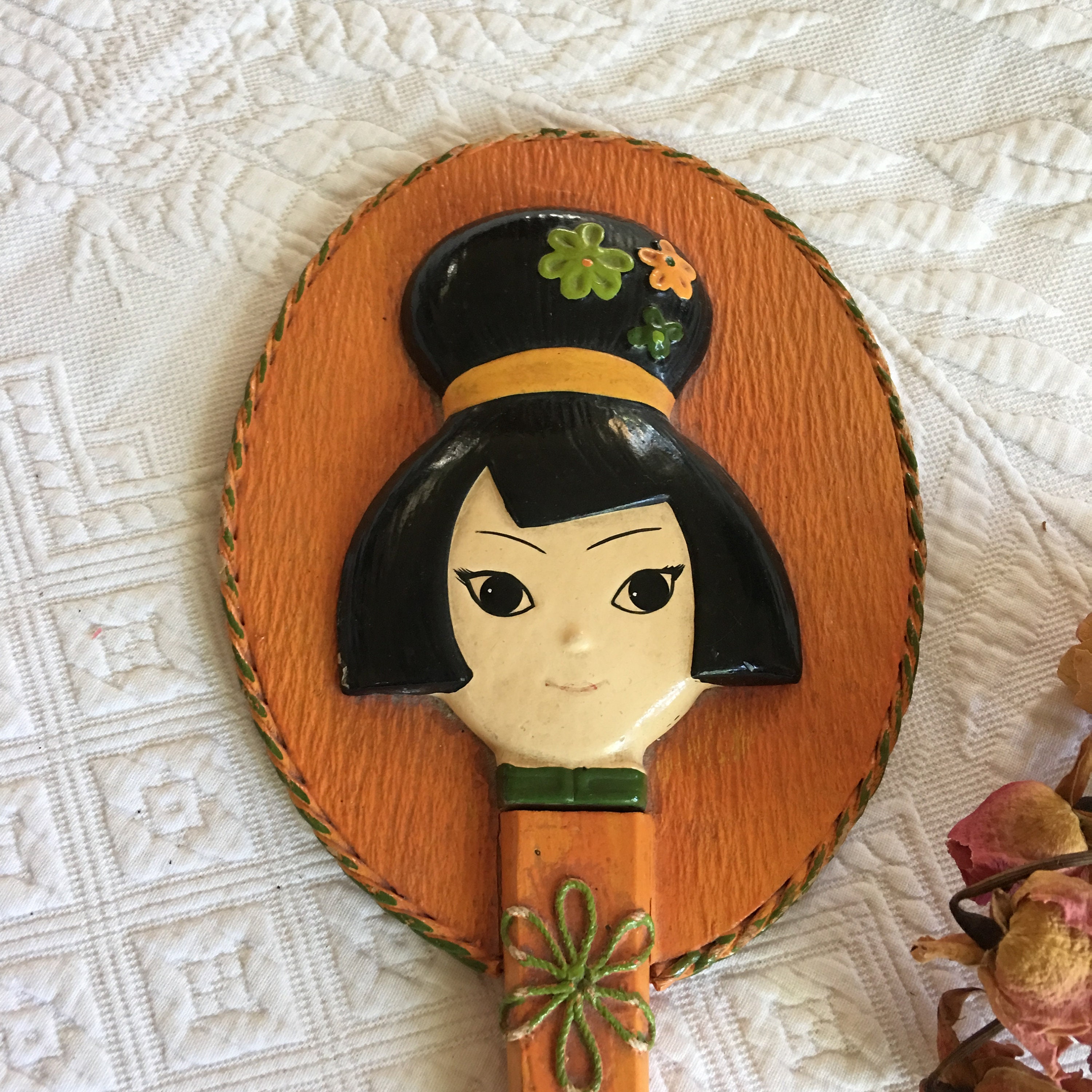 Traditional Geisha Mirror Vintage Japanese Geisha Wooden Hand Mirror in Orange and Black. Unique ...