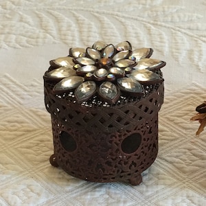 Vintage Potpourri Pot. Openwork Faux Rusty Container with a Rhinestone Flower Lid. Openwork for Dispersing the Fragrance.