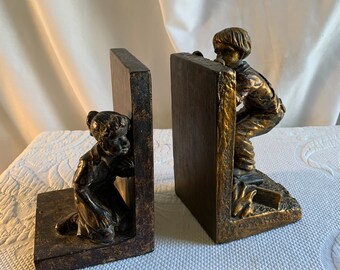 Vintage Boy & Girl Bookend. Playing Hide and Seek Bookends. Charming Children's Bookends. Use for a Boy's or Girl's Room.