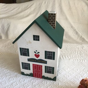 Vintage Wooden Cookie Cottage. Plastic Lined Painted House for Keeping and Serving Cookies. White House Red Door Green Shutters.