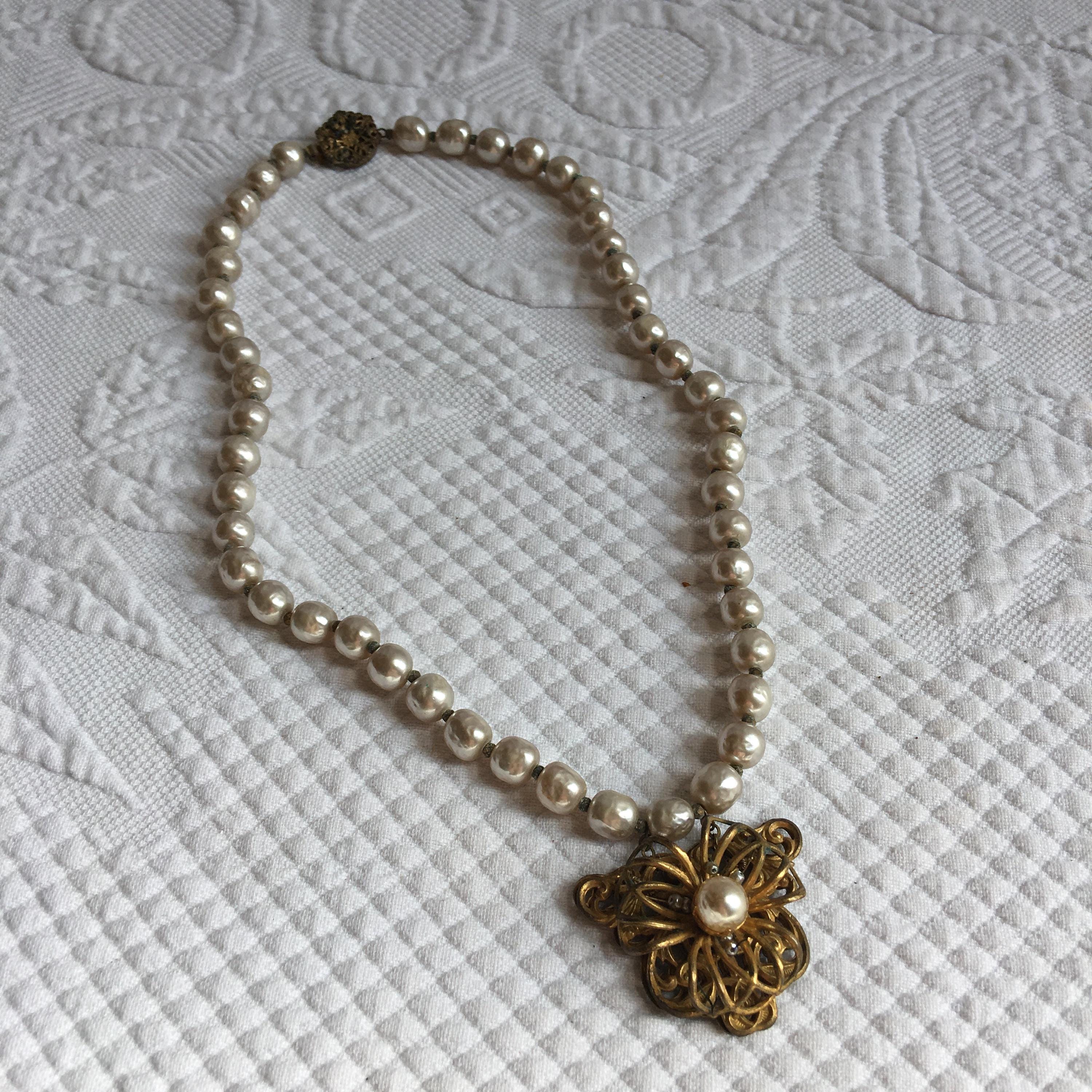 Vintage Miriam Haskell Fresh Water Pearls Necklace With Attached