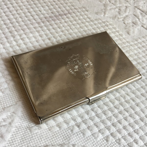 Vintage Calling Card Case, Silver Plated Business Card Case. Etched University of Virginia Insignia on Front.