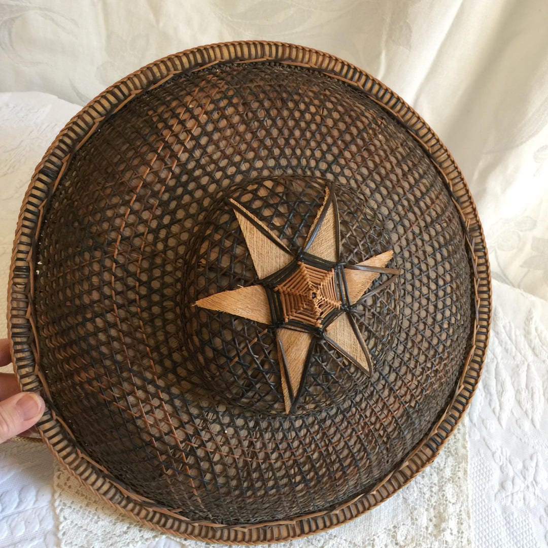 Vintage Chinese Wicker and Palm Leaves Woven Hat W/ Top Star Design and ...