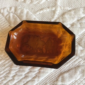 Vintage Salt Cellar Greek Etched Glass. Amber Miniature Bowl with Etched Greek Figures on Bottom. Great for Doll House Bowl.