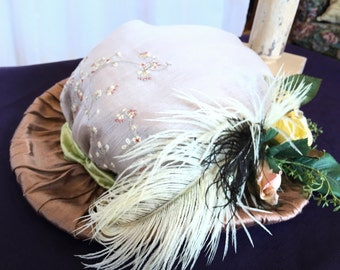 Silk Hat, Regency, Handmade, Light Coffee Brown SILK TAFFETA, Sheer Embroidered Silk, Flowers, Feathers, Bee.