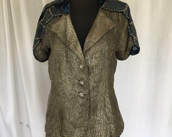 Vintage Gold Metallic Blouse/Jacket With Blue Velvet Inserts and Collar. Embroidery, Beadwork on Top Across Shoulders. Rhinestone Buttons.
