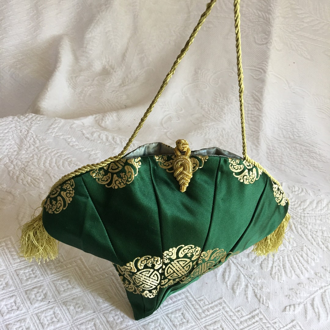 Handmade Purse Silk Fan Reticule. Green Silk Satin With Gold Asian ...