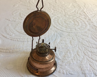 Vintage Copper Oil Lamp with Wall Hanger and Back Reflector. Made in Hong Kong.