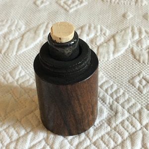 Vintage Miniature Wood Covered Glass Jar. Cork Stopper. Mini Container for Doll House or Miniature Collection.