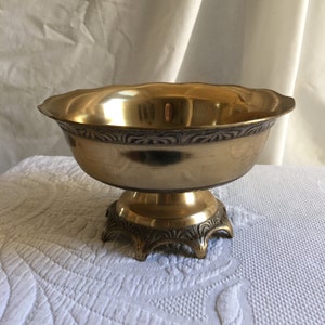 Vintage Solid Brass Pedestal Bowl with Embossed Designs and Arched Base. Gentry Scalloped Top Edge. Made in Korea.