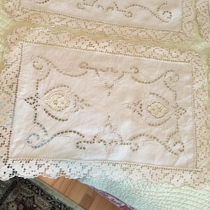 Vintage Openwork Embroidered and Pulled Thread Lace Placemats. Beautiful Mats for Decorating Side Tables. Or Use Under Place Settings.