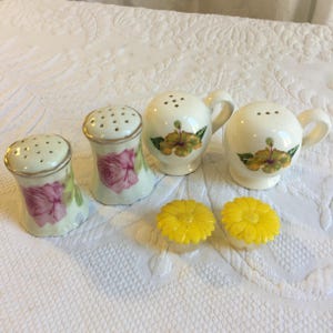 Sale e pepe vintage Scegli il tuo stile Shaker. Porcellana rosa dall&#39;Austria, manico in ibisco dalle Hawaii o piccolo fiore di margherita in plastica.