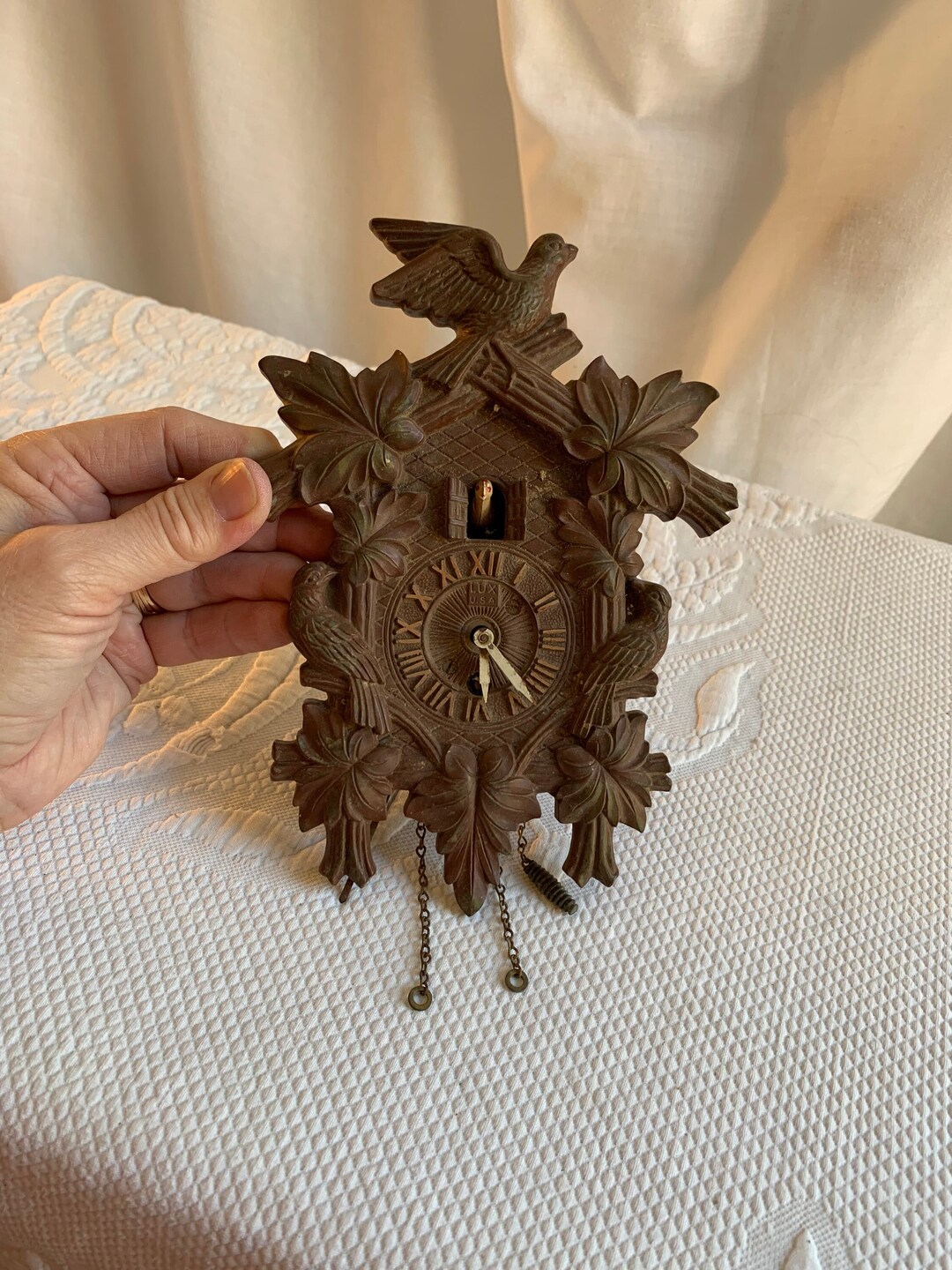 Vintage Lux Cuckoo Clock. Small Plastic Faux Wood Clock With Birds and