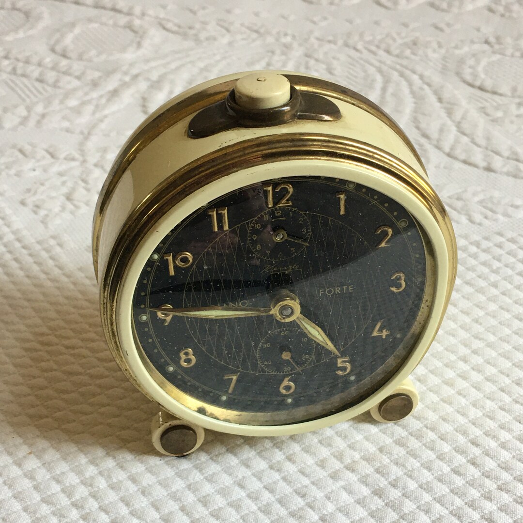 Vintage Kienzle Piano Forte Alarm Clock. White and Gold Metal Case With