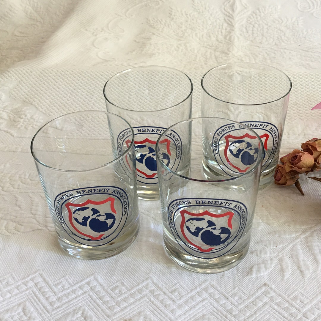 Vintage 4 Anchor Hocking Armed Forces Benefit Association Whiskey or Water Tumbler Glasses. 10.5