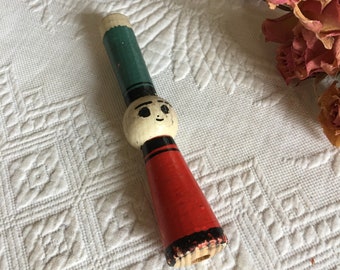 Vintage Noise Maker Whistle Little Man Wooden. Blow Into This Noise Maker. Green Hat and Red Outfit With Face Between. Collectible.