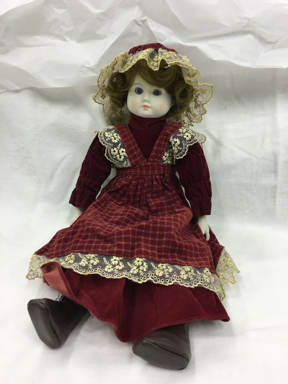 Vintage Musical Zasan Porcelain Doll. Choose Red Velveteen Dress