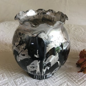 Vintage Marbleized Art Glass Vase. Black, Silver and White Paint Creating a Distinctively Beautiful Artistic Vase.