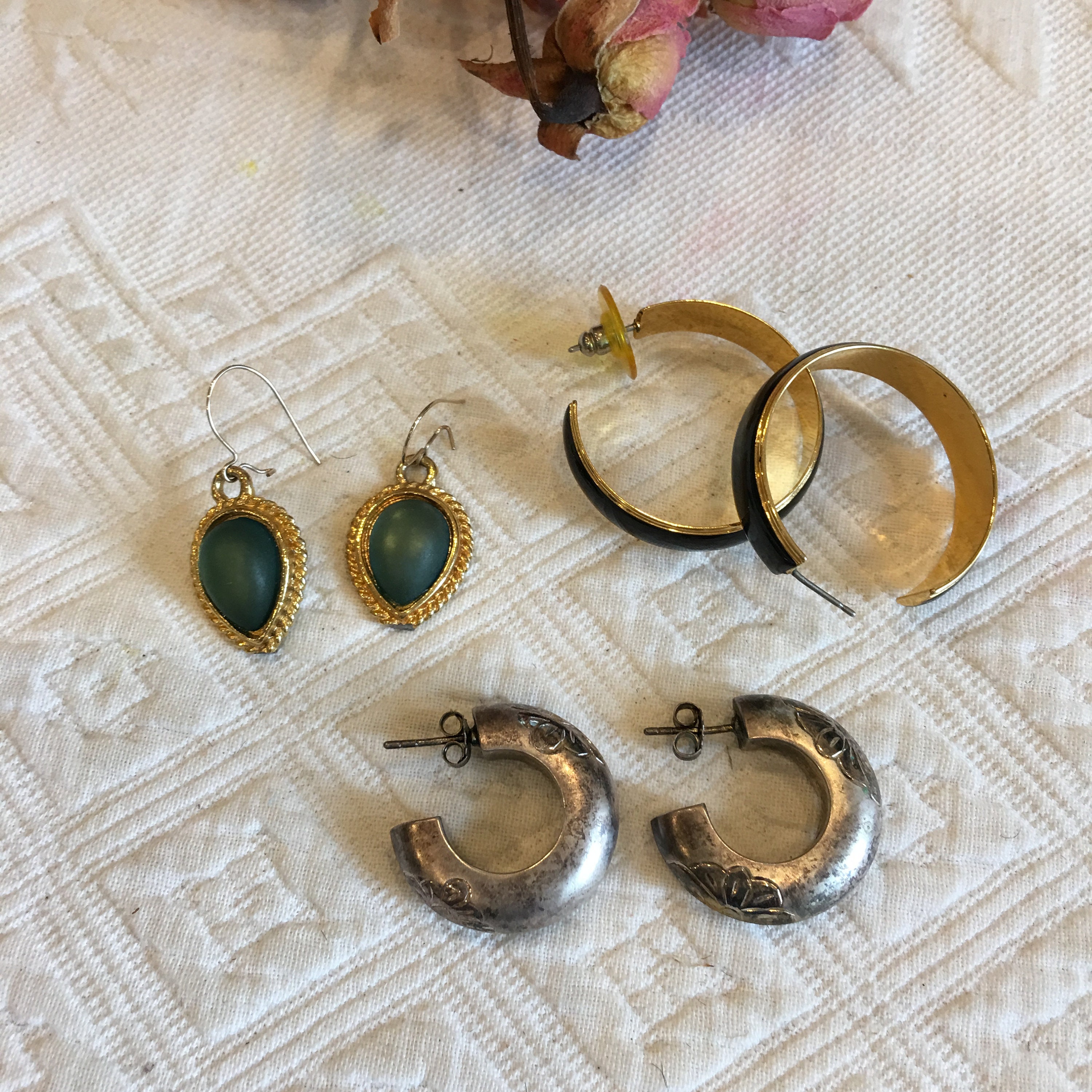Vintage 3 Pair Pierced Earrings. Gold With Green Teardrop, Silver Floral Etched Open Hoops, Gold and Black Hoops.