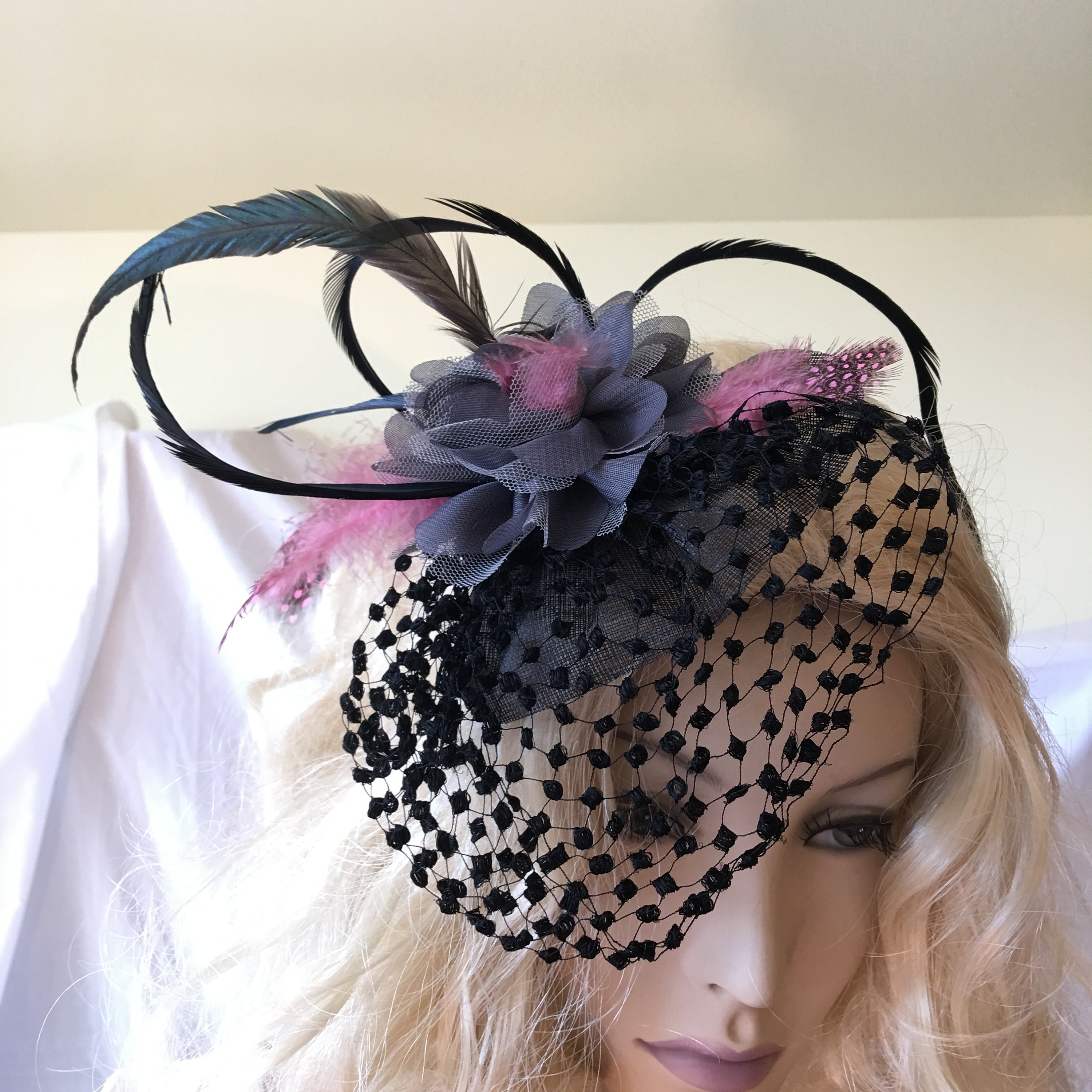 Elegant Pink Feather Flower Fascinator Hat with Black Netting il_fullxfull.6865434644_lk85.jpg main image 2