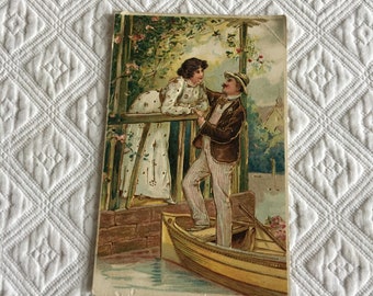 Victorian, Edwardian 1907 Postcard w/ Ben Franklin One Cent Stamp. From Gibraltar to Rankin, PA. Embossed Romantic Couple Card. Gold Detail.