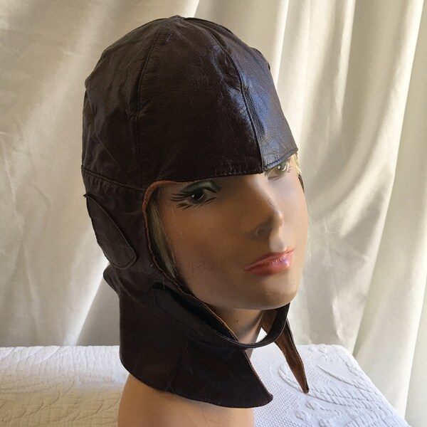 Vintage Aviator Cap Hat. Brown Leather Look Trapper/Bomber Hat Cap. Pilot Style Helmet, Flying Cap. Cotton Lined. Hook and Loop Fastener.