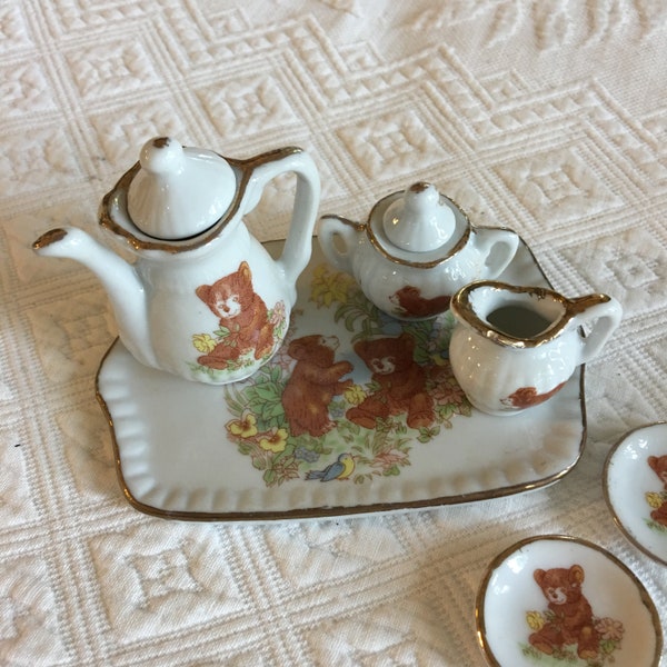 Vintage 10 Piece Mini Tea Set. Miniature Teddy Bear and Floral Tea Set White w/ Yellow, Green and Blue. Cute for Doll Display.