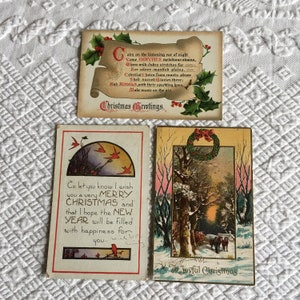 3 Victorian Antique Christmas Postcards. Two 1910 One Cent Ben Franklin Stamps. One 1 Cent G. Wash. Stamps. Great Christmas Decoration.