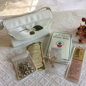 Vintage First Communion Purse with Communion Pins, Prayer Beads with Cross, Bookmark & Children&#39;s Missal Book and Purse. Charming for Girl.