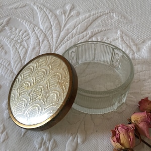 Vintage Gold Seashell Fabric Lid on Glass Jar With Tulips and Ridged Designs Around the Edge. Metallic Fabric Designed Top.