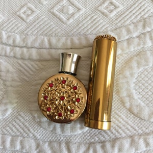 Vintage Perfume Lipstick Combo. The Lipstick Tube and Metal Perfume Surround are Attached to Each Other. Red Rhinestone Decorations.