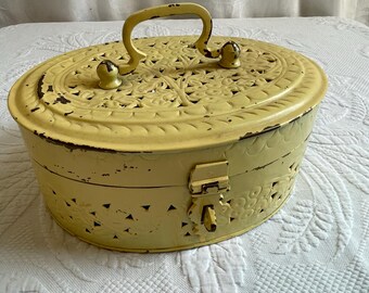 Vintage Brass Painted Oval Cricket Box. Large Floral and Leaf