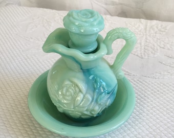 Vintage 1970s Avon Bowl and Pitcher Moonwind Foaming Bath Oil Bottle and Bowl in Aqua & Teal Marbleized Glass. Lovely for Use or Decoration.