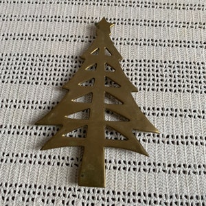 Vintage Brass Christmas Tree Trivet with Three Rubber Feet. Use During the Holidays or All Year. Hang on the Wall for Decoration.