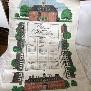 Vintage 1993 Tea Towel Calendar of Colonial Williamsburg. Capitol, Wren Building, With Houses and Shops. Dowel Rod With Blue Cord to Hang.