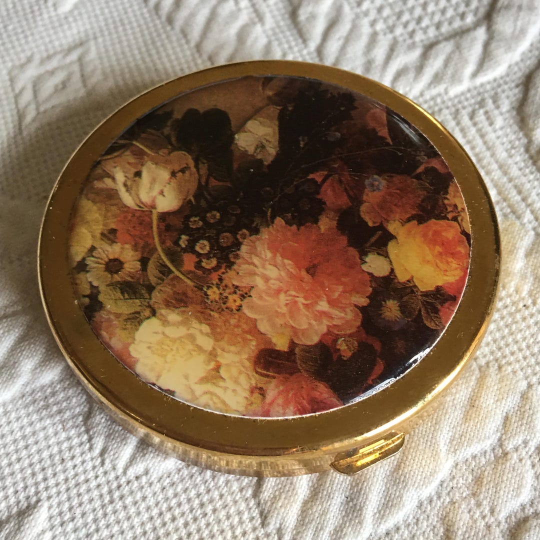 Vintage 1978 French Powder Compact in Brass With Floral Picture on Top ...