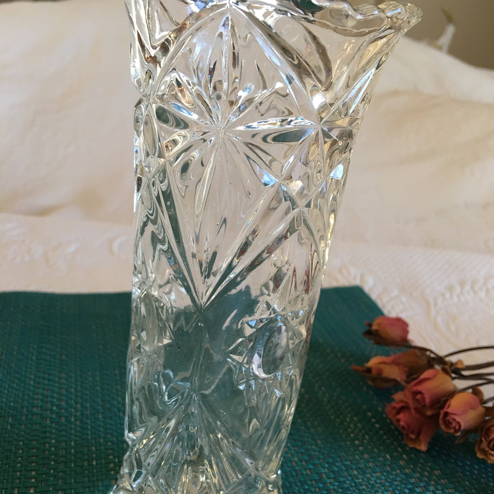 Vintage Clear Crystal Vase With Starburst Designs and Diamond Etsy UK