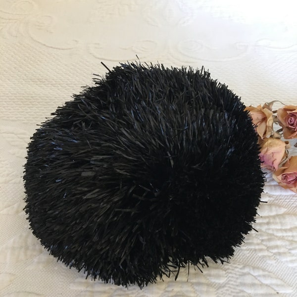 Vintage Faux Feather Pom Pom for Millinery Uses. Black Puff of Feathery Man Made Material for Hat Accent. Hat Decoration.