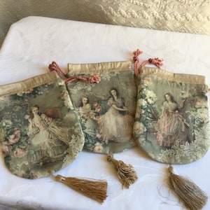 Handmade Cotton and Silk Reticule with Artist Designed Fabric, Tan Green Striped Silk Lining. Tan Raw Silk Top & Backing. Regency Reticule.