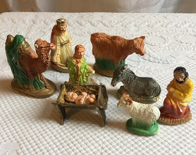 Vintage 8 Pc. Chalkware Nativity Characters. Joseph, Baby Jesus in