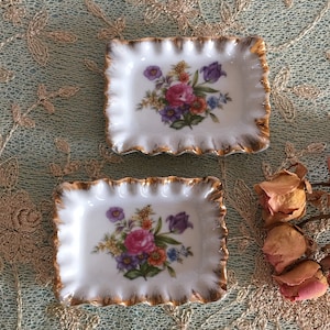 Vintage 2 Rose Bouquet Ceramic  Dresser Dishes. Pair of Gold Tipped Ruffled Pin Dishes. Use to Collect Small Items on Dresser or Vanity.