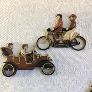 Vintage 7358 Set of Vintage Car and Bicycle Built for Two, Riding Companionship of Man and Woman, Wall Decorations.